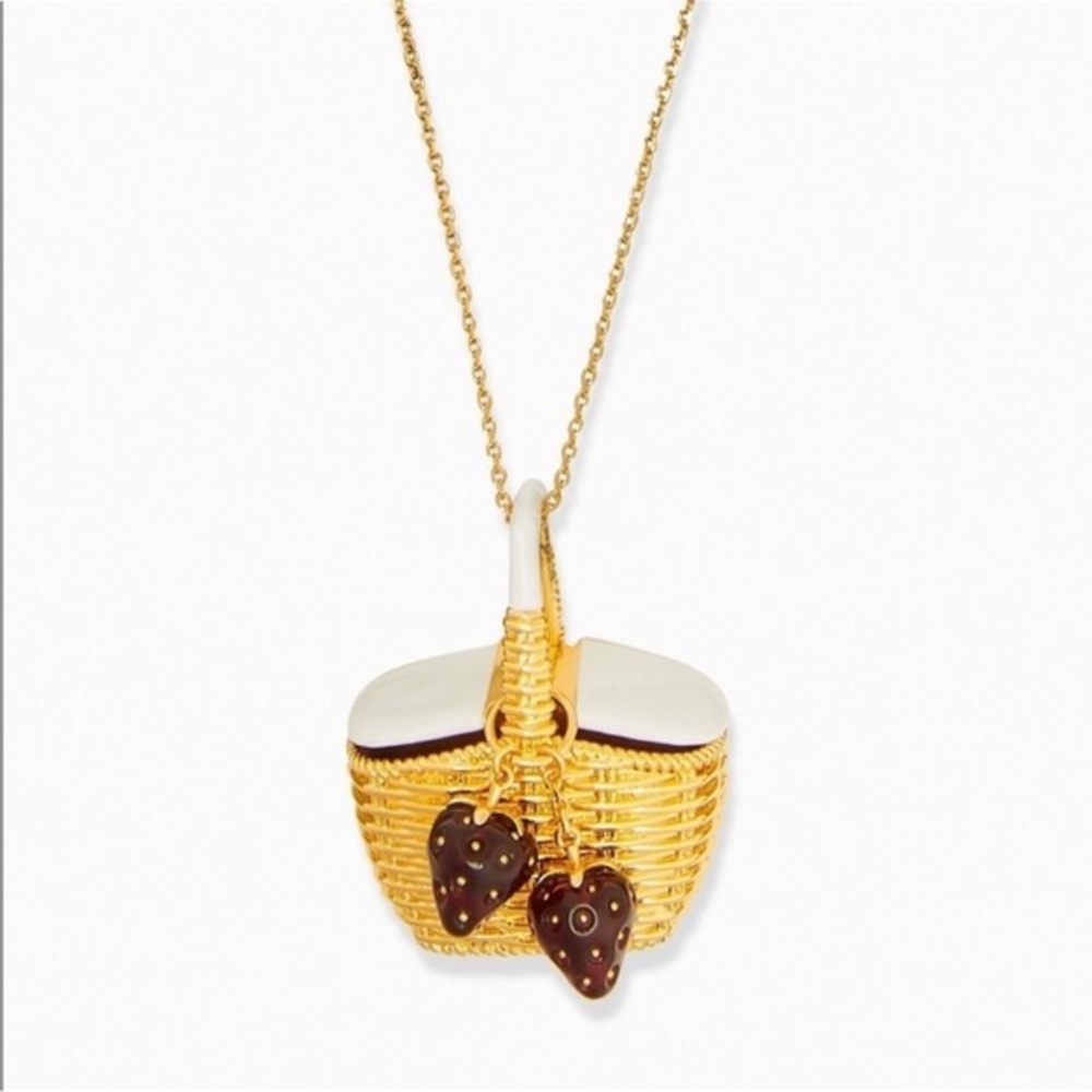 KATE SPADE Gold Picnic Basket Strawberry Long Pendant Statement Necklace